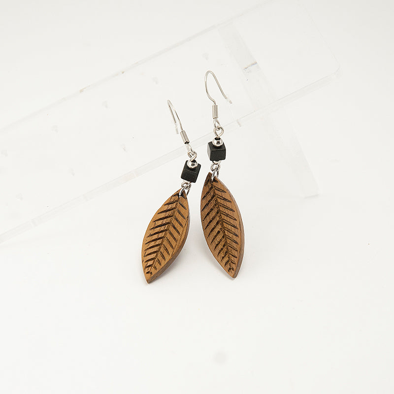 Helena. Iroko Leaf Wooden Earrings with Black beads A074-6