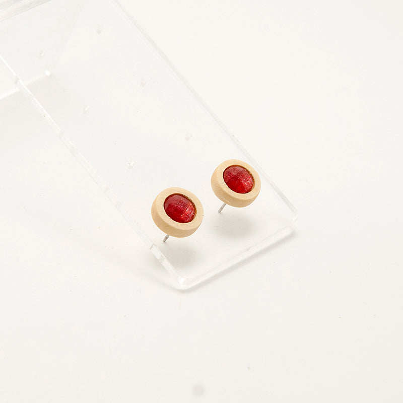 Kirpa. lemon wood Circle Wooden Earrings with Red polyhedral faceted beads A132-4