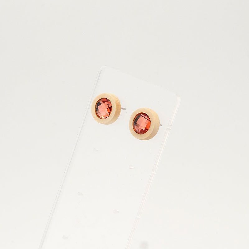 Breña. lemon wood Circle Wooden Earrings with  Red polyhedral faceted beads A132-8