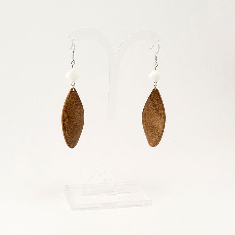 Dhuha. Iroko Leaf Wooden Earrings with White beats and Natural Flow Design A147-1