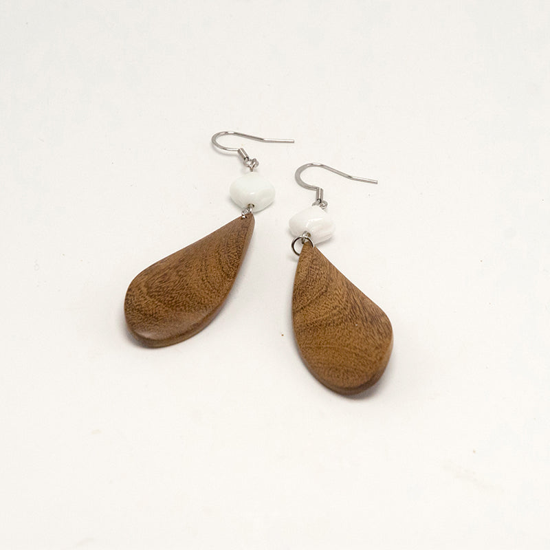 Dhuha. Iroko Leaf Wooden Earrings with White beats and Natural Flow Design A147-1