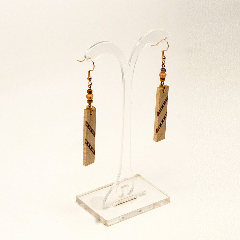 Eisha. Maple Rectangle Wooden Earrings with Shell inlay and Wood beads A156-2
