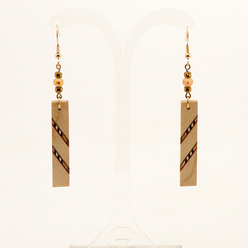 Eisha. Maple Rectangle Wooden Earrings with Shell inlay and Wood beads A156-2
