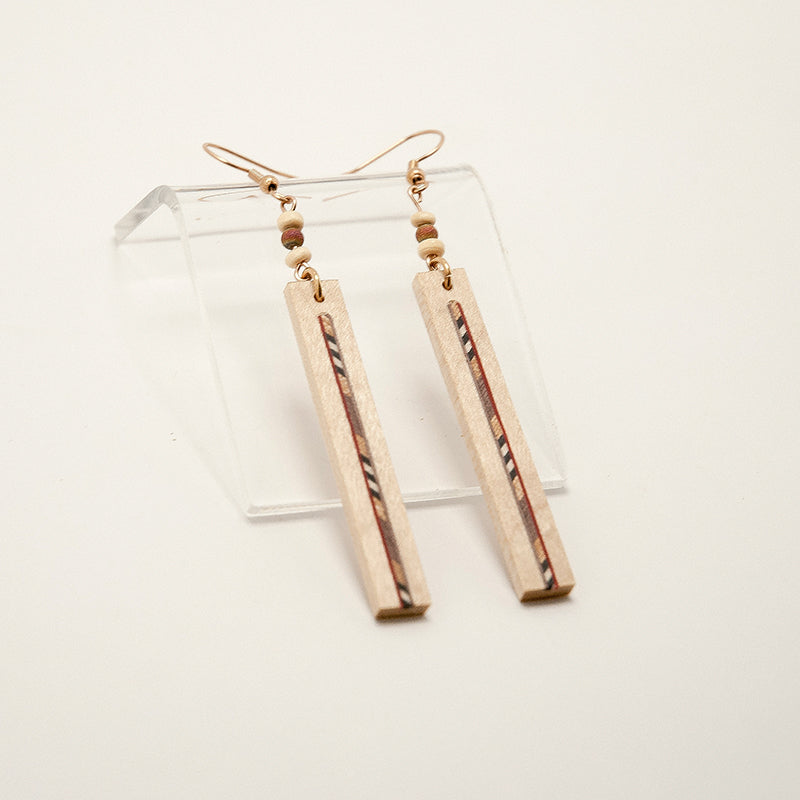 Syha. Maple Rectangle Wooden Earrings with Wood Marquetry Geometric pattern inlay A166-2