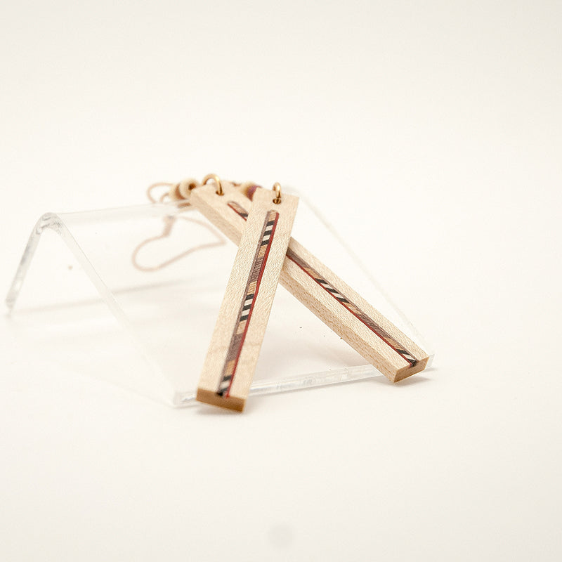 Syha. Maple Rectangle Wooden Earrings with Wood Marquetry Geometric pattern inlay A166-2