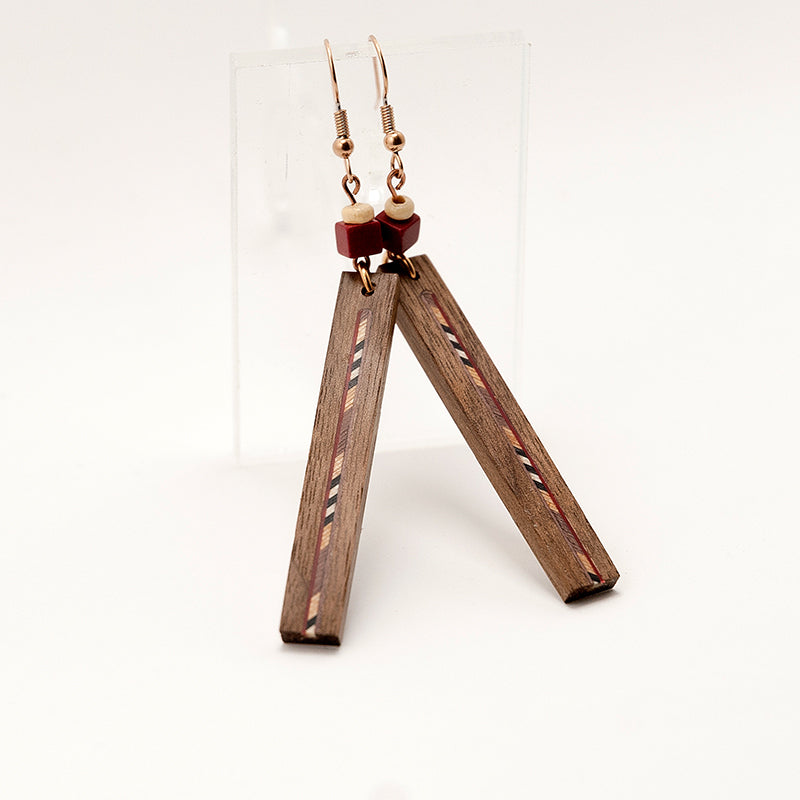 Aaeda. Walnut Rectangle Wooden Earrings with Marquetry Geometric pattern inlay A172-7