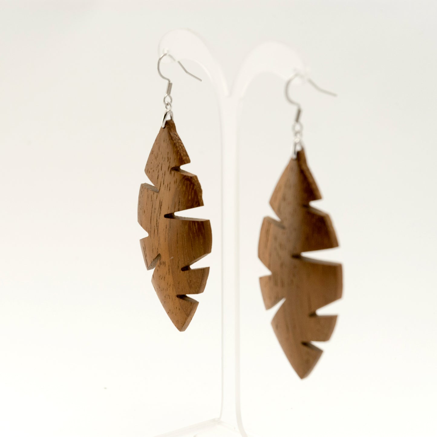 Hawaii. Iroko Leaf Wooden Earrings with Carved shape nature design A020-1