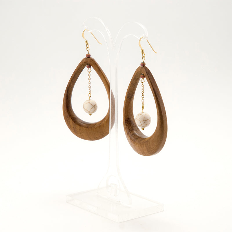 Eden. Doussie Organic Wooden Earrings with Carved shape and White beads A029-1