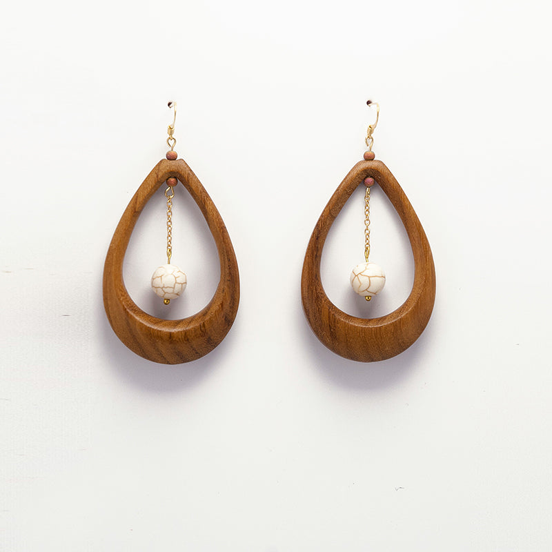 Eden. Doussie Organic Wooden Earrings with Carved shape and White beads A029-1
