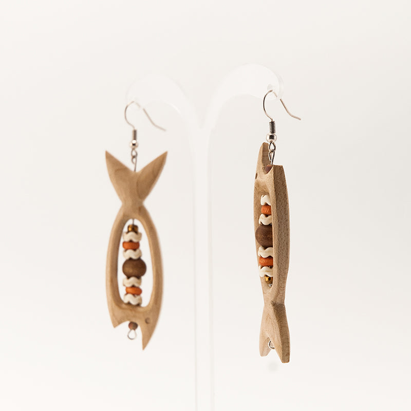 Tao. Maple Fish Wooden Earrings with Earthtone beats A033-2