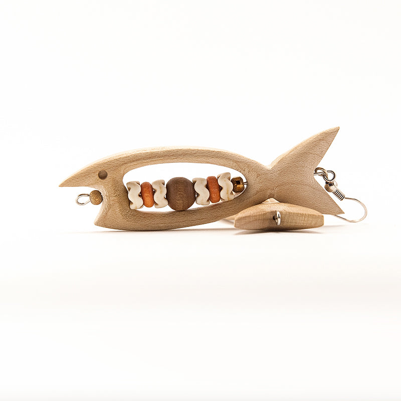 Tao. Maple Fish Wooden Earrings with Earthtone beats A033-2