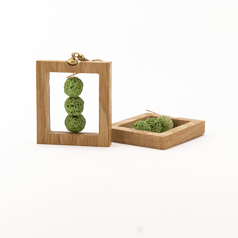 Ami. Oak Rectangle Wooden Earrings with Green lava beads A036-1