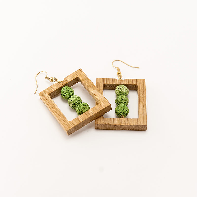 Ami. Oak Rectangle Wooden Earrings with Green lava beads A036-1