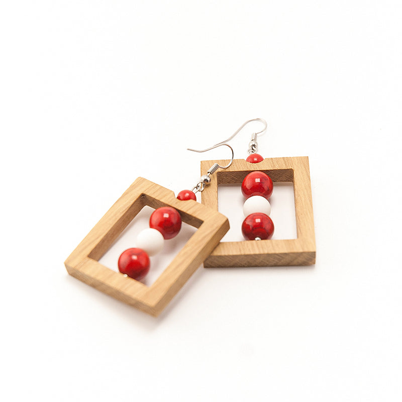 Lily. Oak Rectangle Wooden Earrings with Red and White beads A036-2