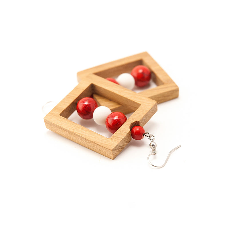Lily. Oak Rectangle Wooden Earrings with Red and White beads A036-2
