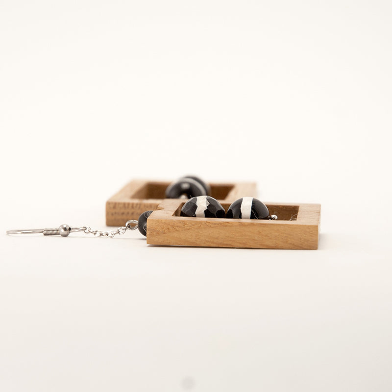 Harmony. Oak Rectangle Wooden Earrings with Black - White Agate Tibetan Beads A036-3