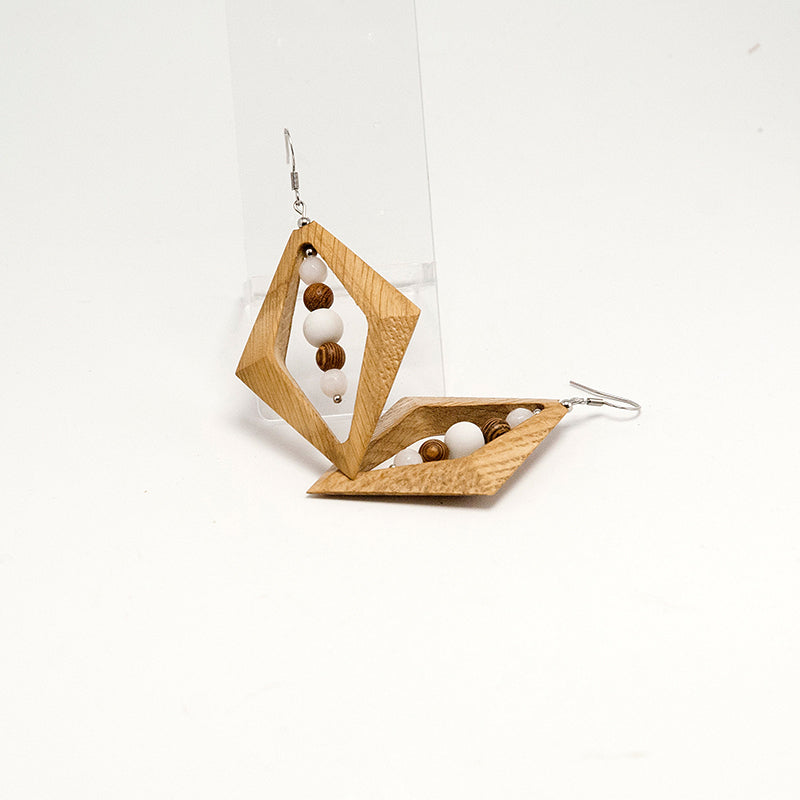 Fortune. Oak Rhombus Wooden Earrings with Wood and White beads A037-2