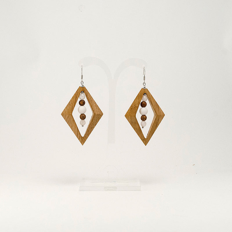 Fortune. Oak Rhombus Wooden Earrings with Wood and White beads A037-2