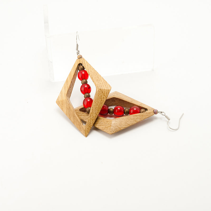 Beyhan. Oak Rhombus Wooden Earrings with wood and Red beads A037-3