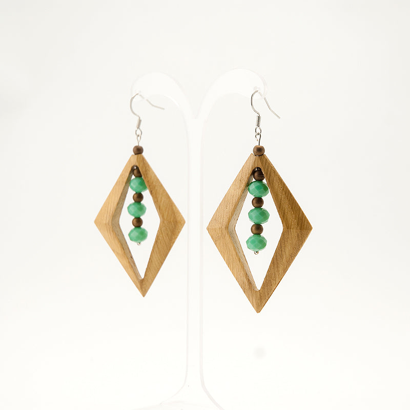 Alopa. Oak Wooden Earrings, in Rhombus Shape with Turquoise beads. A037-4