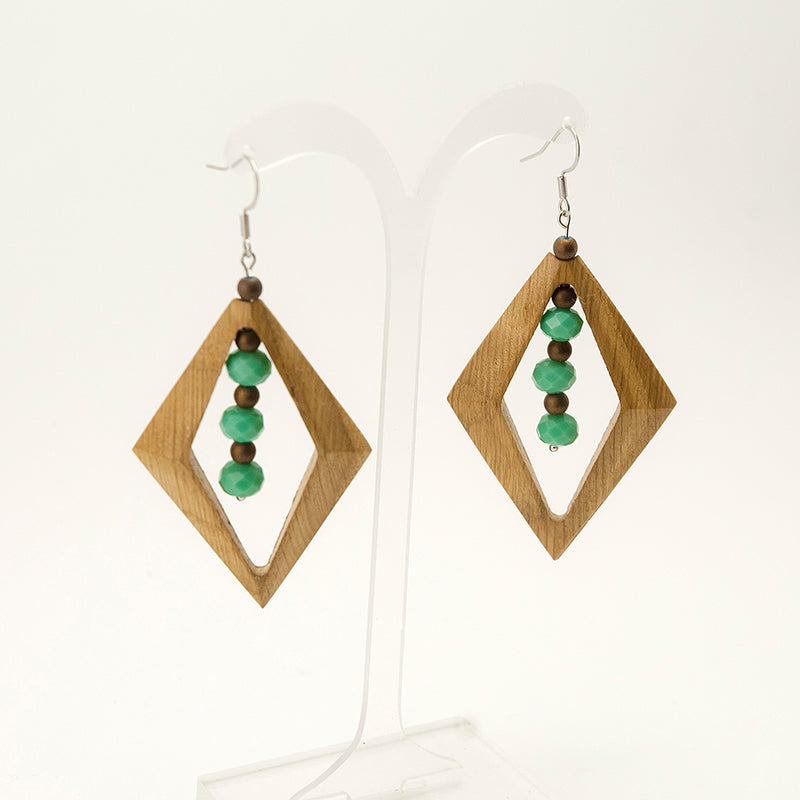 Alopa. Oak Wooden Earrings, in Rhombus Shape with Turquoise beads. A037-4