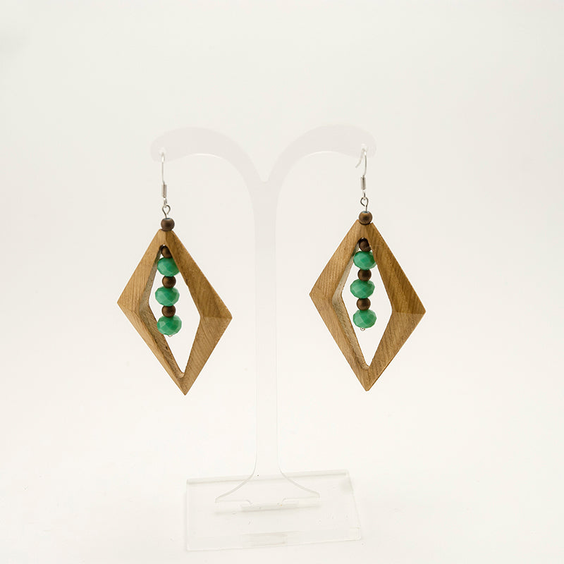 Alopa. Oak Wooden Earrings, in Rhombus Shape with Turquoise beads. A037-4