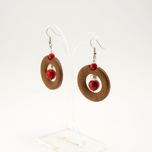 Adra. Iroko Circle Wooden Earrings with Red White beats A041-2