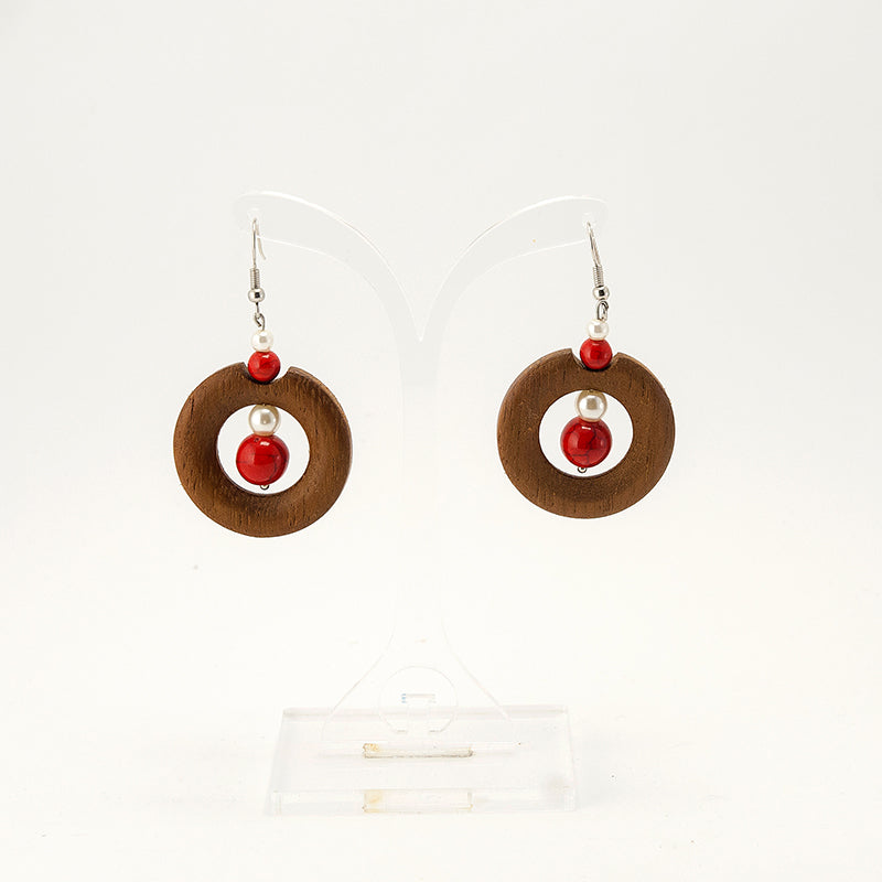 Adra. Iroko Circle Wooden Earrings with Red White beats A041-2