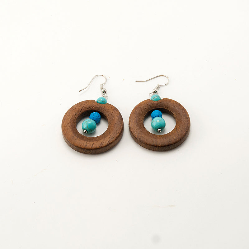 Sophia . Iroko Circle Wooden Earrings with Blue lava and Turquoise Howlite With Matrix A041-3