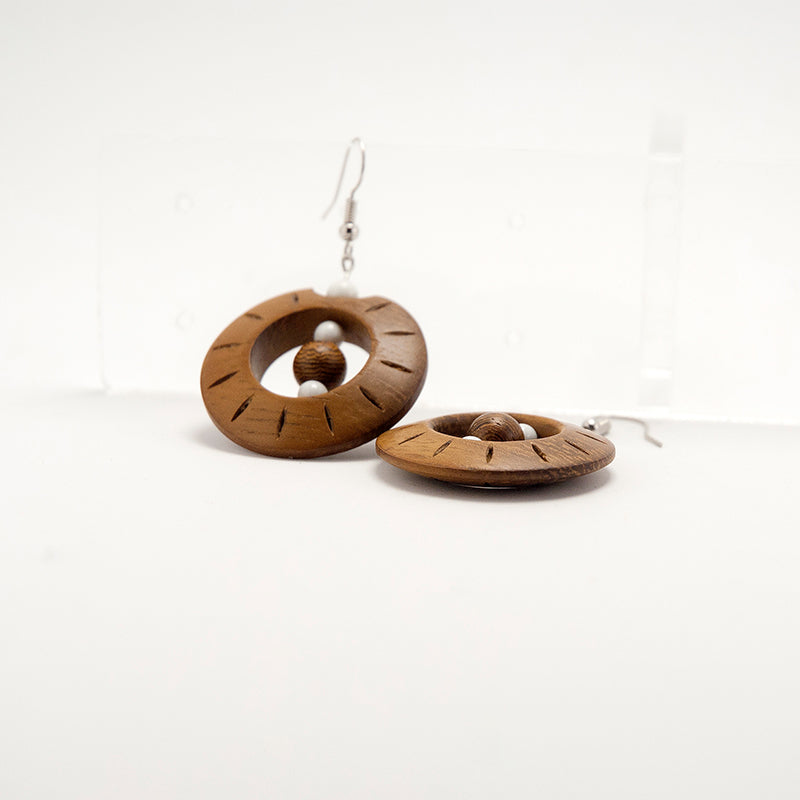 Honor. Iroko Circle Wooden Earrings with Engraved surface, Wood beads and White beats A047-1