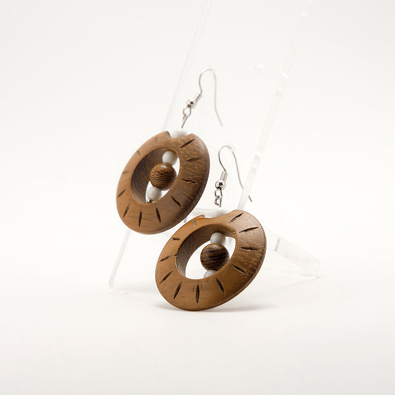 Honor. Iroko Circle Wooden Earrings with Engraved surface, Wood beads and White beats A047-1