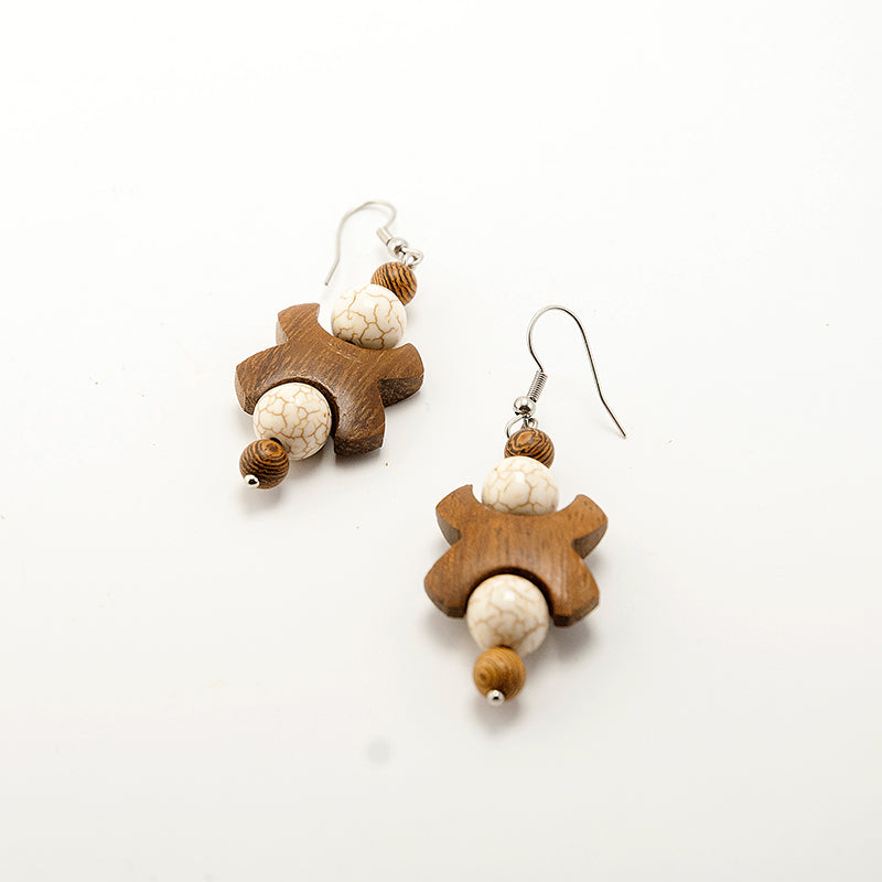 Brienne. Iroko Cross Wooden Earrings with Wood and White Howlite beats A050-1