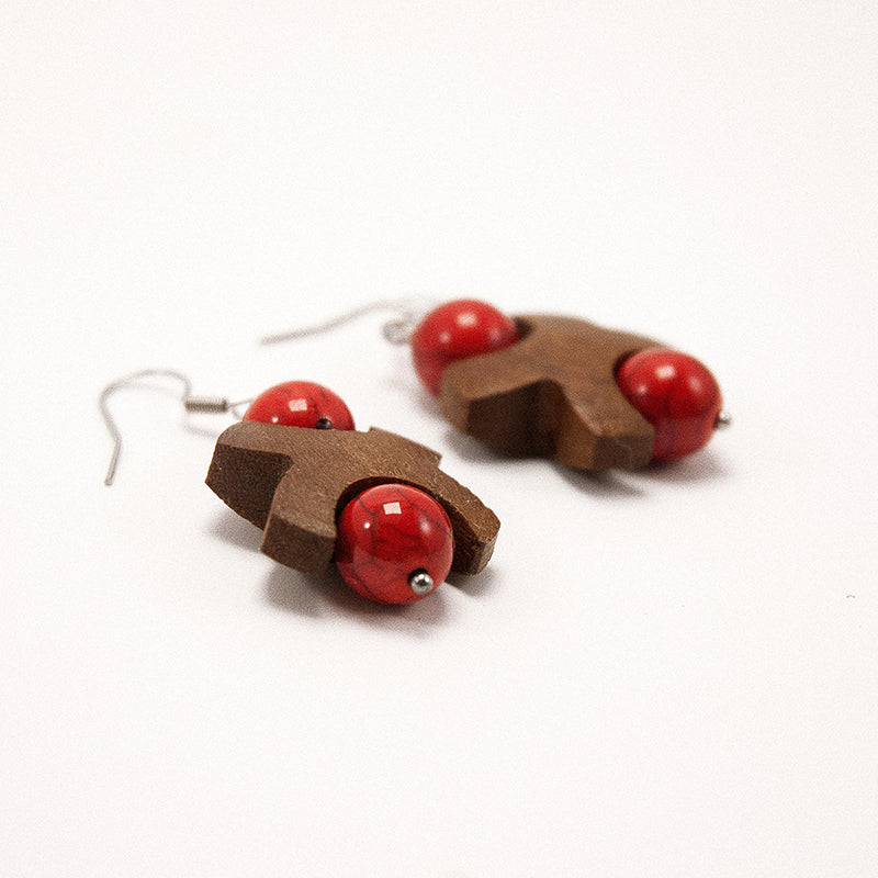 Rathi (Hindu Goddess of love). Iroko Cross Wooden Earrings with Red beads A050-2