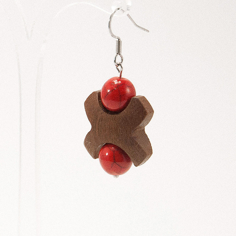 Rathi (Hindu Goddess of love). Iroko Cross Wooden Earrings with Red beads A050-2