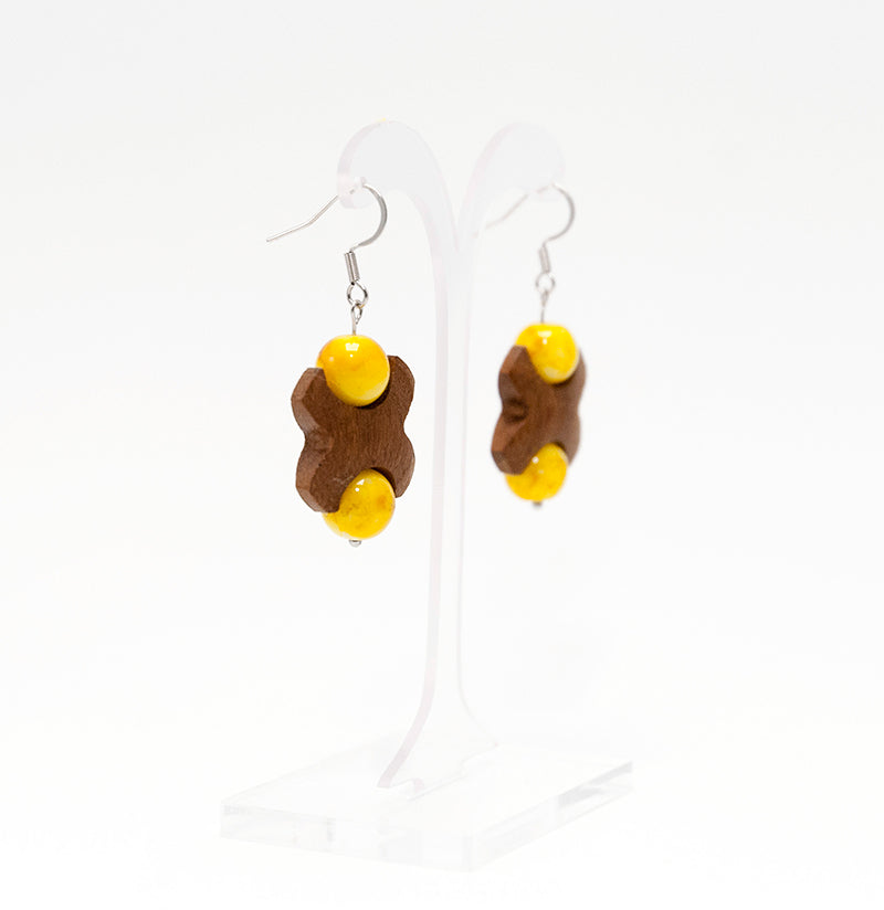 Kaori Iroko Cross Wooden Earrings with Yellow beads A050-3