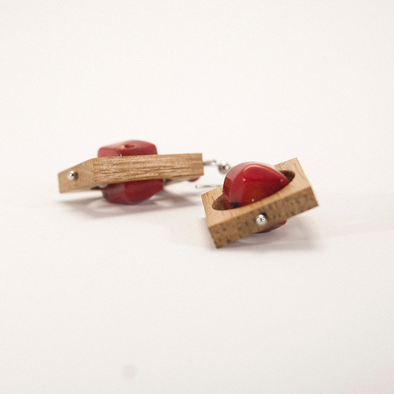 Karma. Oak Rectangle Wooden Earrings with Red Cube beads A051-1