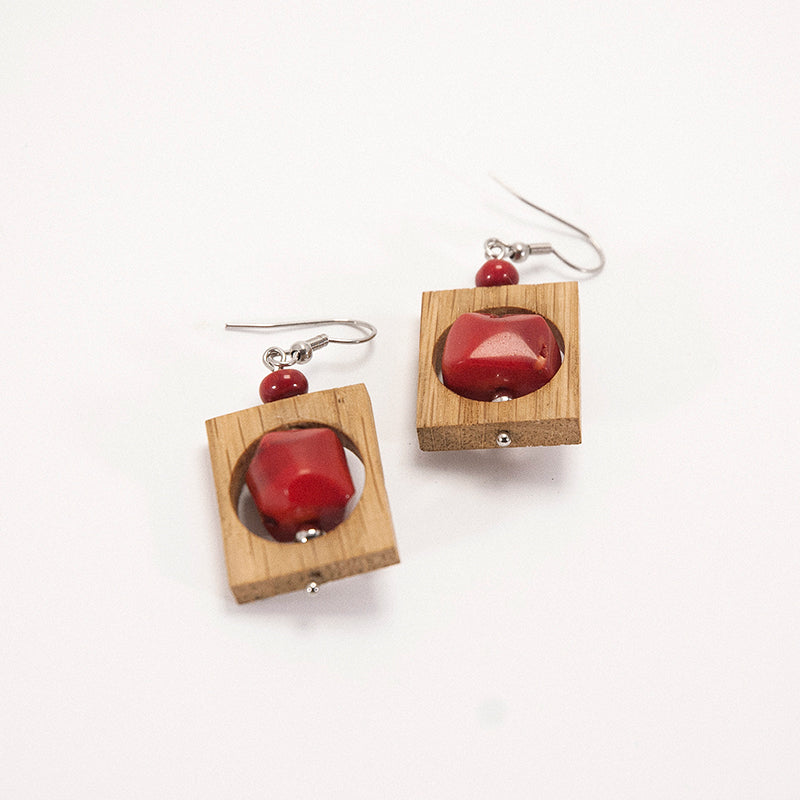 Karma. Oak Rectangle Wooden Earrings with Red Cube beads A051-1