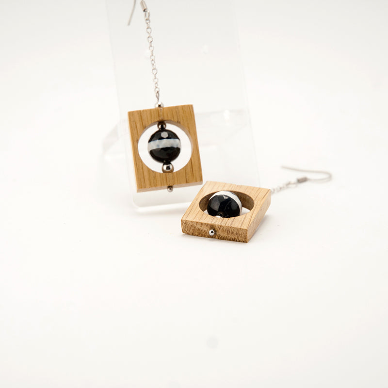 Dianna. Oak Rectangle Wooden Earrings with Black - White Agate Tibetan Bead A051-2