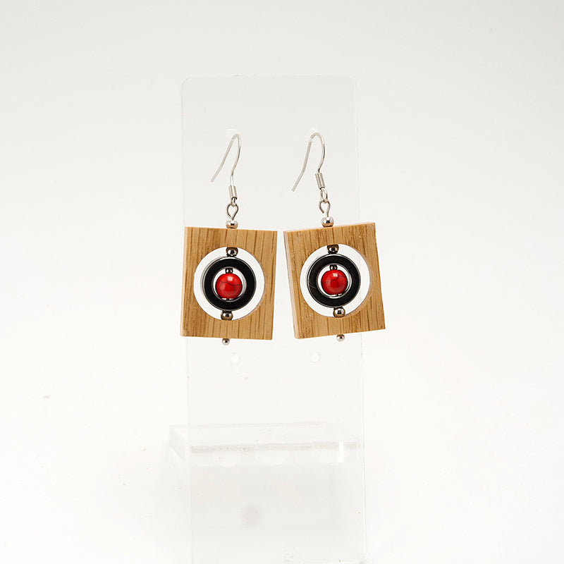 Renho. Oak Rectangle Wooden Earrings with Hematite Hoop Red beads A051-3