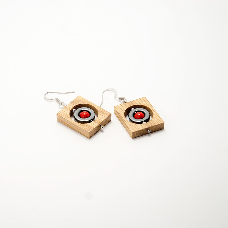 Renho. Oak Rectangle Wooden Earrings with Hematite Hoop Red beads A051-3