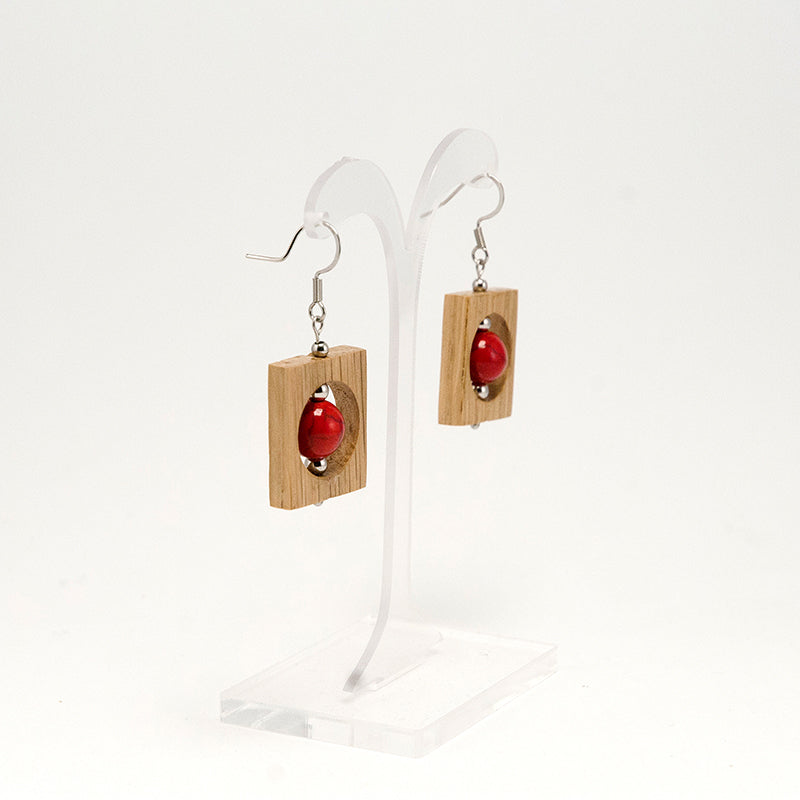 Imora. Oak Rectangle Wooden Earrings with Red Howlite beats A051-4