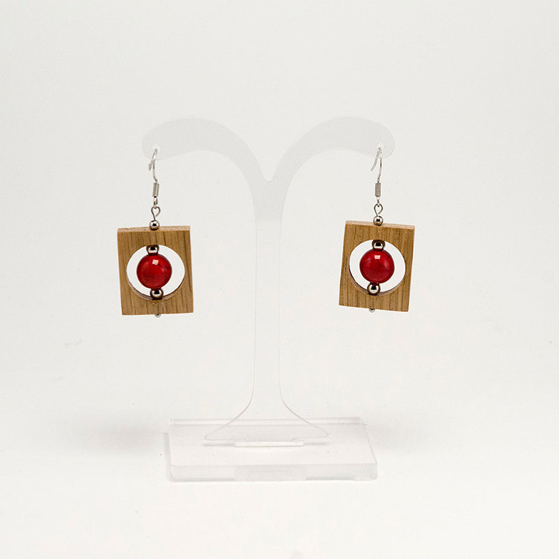 Imora. Oak Rectangle Wooden Earrings with Red Howlite beats A051-4