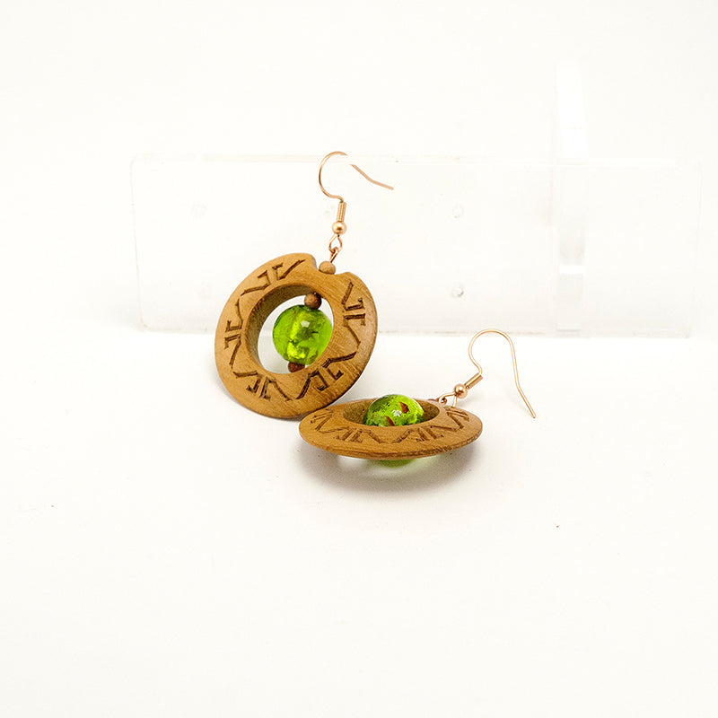 Danika. Iroko Circle Wooden Earrings with Engraved surface and Green murano beats  A056-2