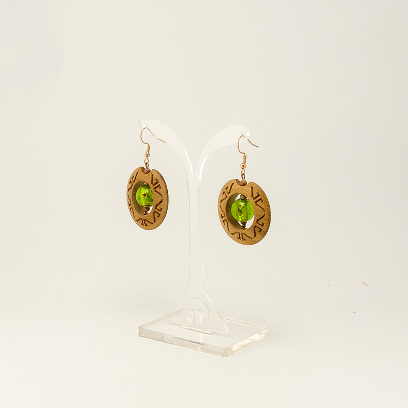 Danika. Iroko Circle Wooden Earrings with Engraved surface and Green murano beats  A056-2