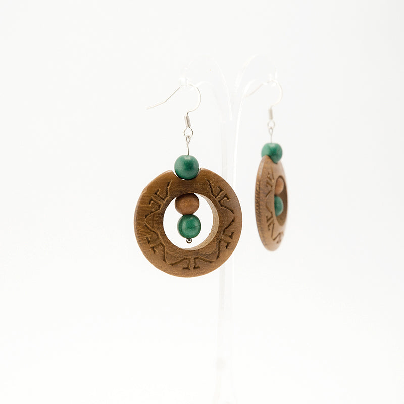 Imari. Iroko Circle Wooden Earrings with Wood and Green beads A056-3