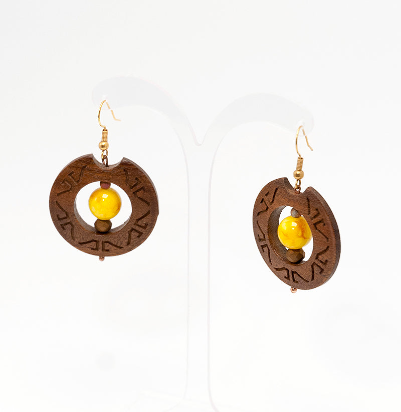 Ayame. Iroko Circle Wooden Earrings with Wood and Yellow beads A056-4
