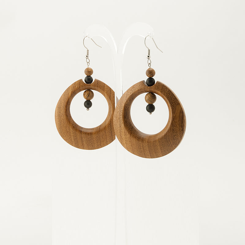 Arcadia. Doussie Hoop Wooden Earrings with Black and Brown beads A061-3