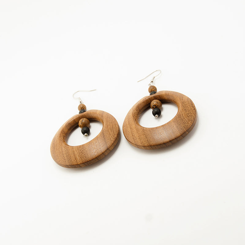 Arcadia. Doussie Hoop Wooden Earrings with Black and Brown beads A061-3