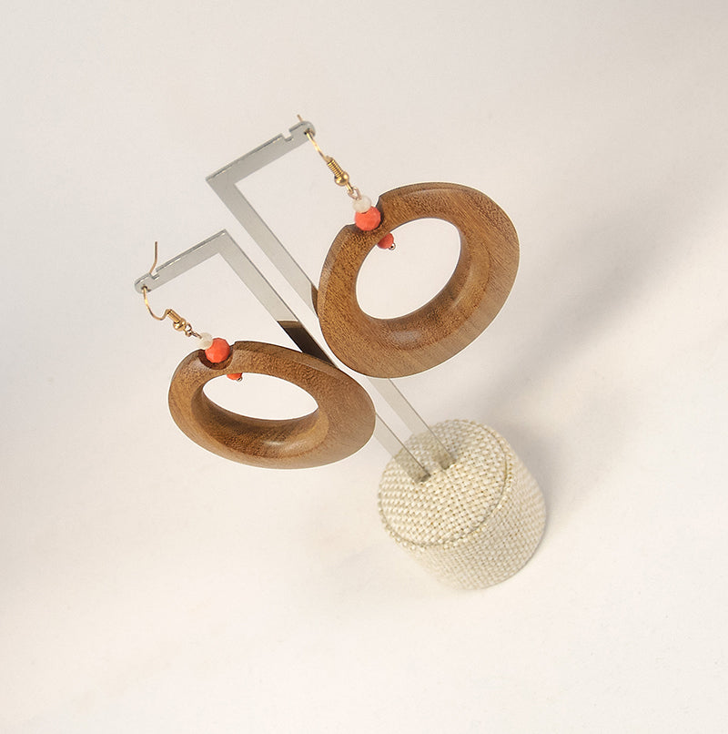 Harisha. Doussie Hoop Wooden Earrings with Coral beads A061-5