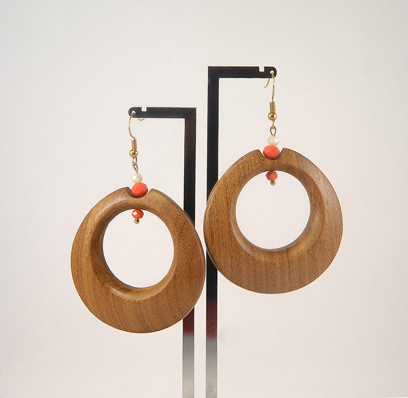 Harisha. Doussie Hoop Wooden Earrings with Coral beads A061-5